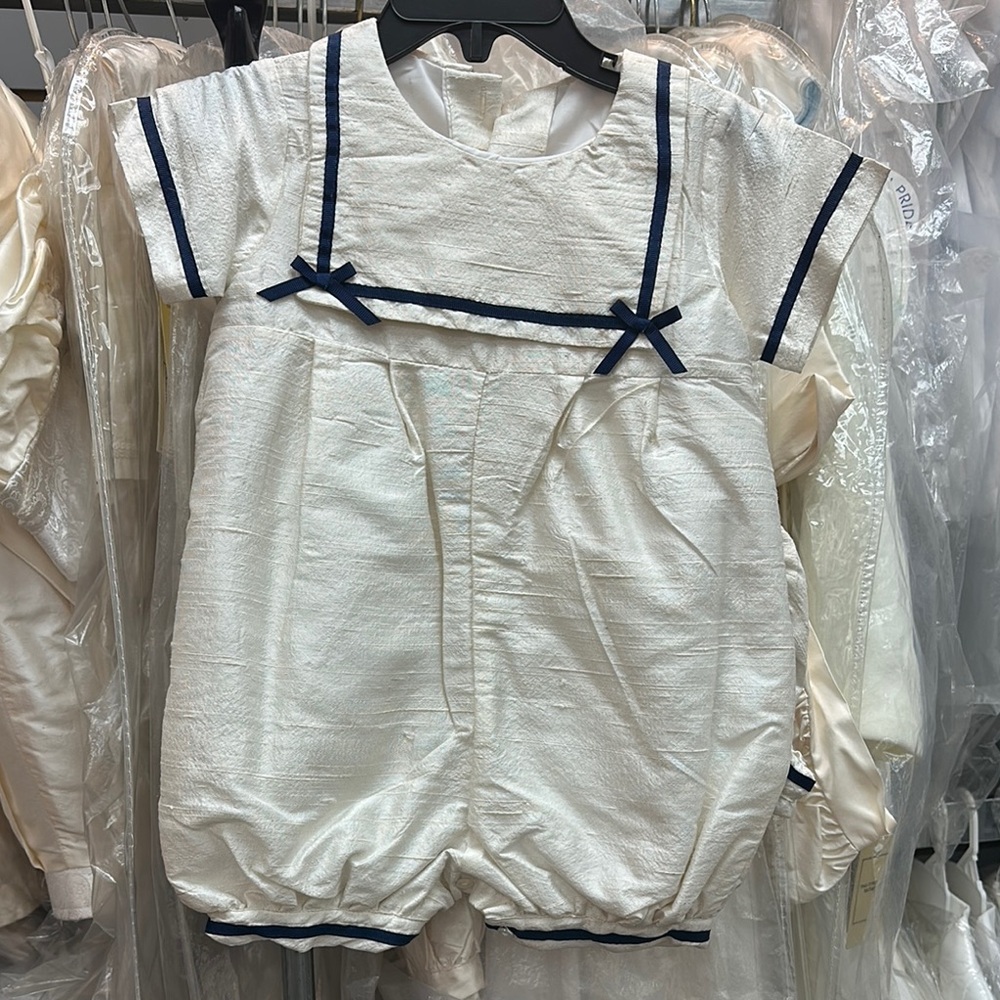 White Silk Baby Romper with Navy Accents